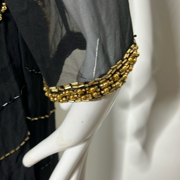 Nite Line Sz 10 Black Silk Gold Bugle Beaded Full Length Side Slit Dress Gown - Picture 12 of 16